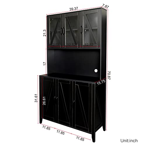 Goohome Large Freestanding Kitchen Pantry, Buffet Sideboard Wardrobe& Kitchen Glass Doors,Open Shelves and Drawer,Tall Utility Storage Cabinet for Living Room, Black