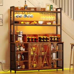 ironck coffee bar cabinet with power outlet, industrial buffet cabinet with led strip and glass holder, 3-tiers liquor cabinet bar for home, dining room, kitchen, vintage brown
