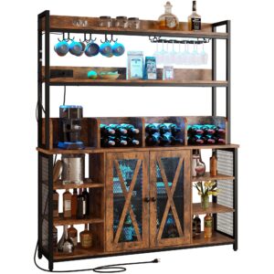 IRONCK Coffee Bar Cabinet with Power Outlet, Industrial Buffet Cabinet with LED Strip and Glass Holder, 3-Tiers Liquor Cabinet Bar for Home, Dining Room, Kitchen, Vintage Brown