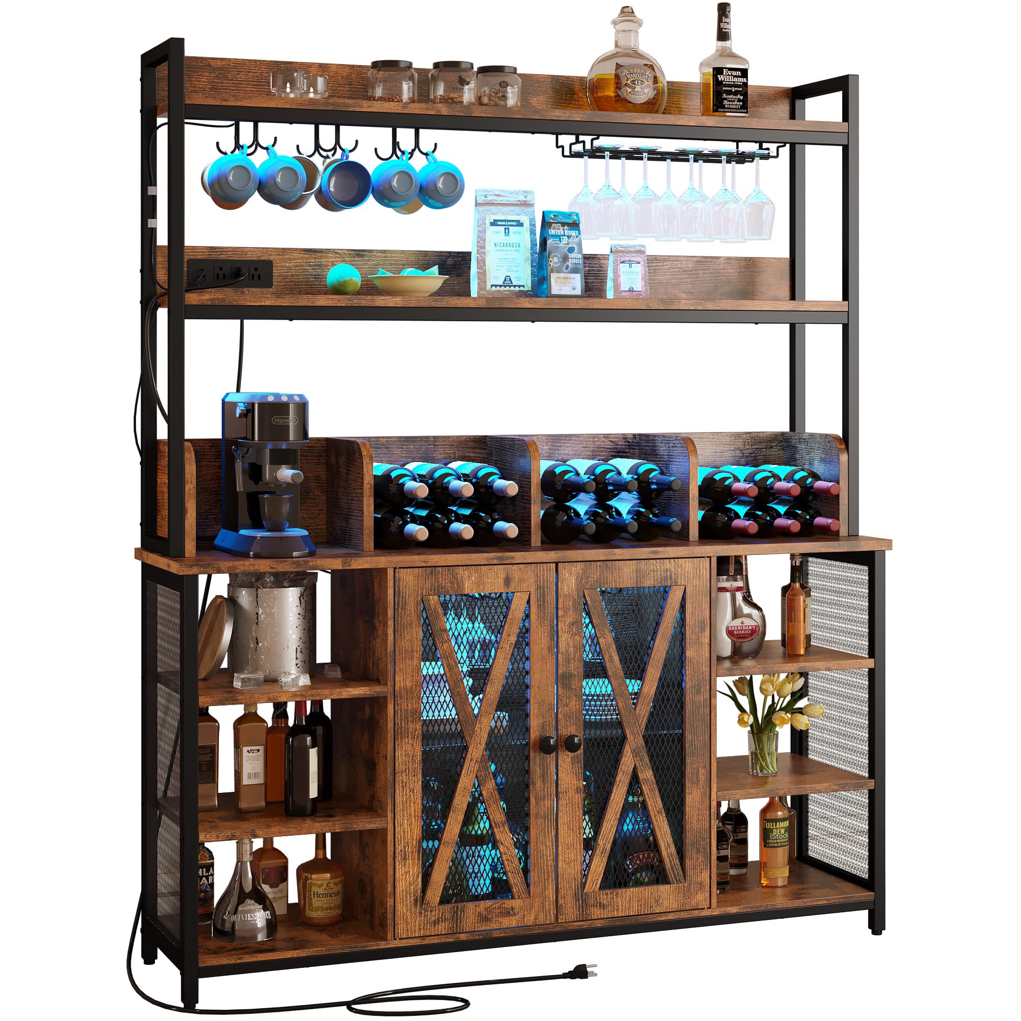 IRONCK Coffee Bar Cabinet with Power Outlet, Industrial Buffet Cabinet with LED Strip and Glass Holder, 3-Tiers Liquor Cabinet Bar for Home, Dining Room, Kitchen, Vintage Brown