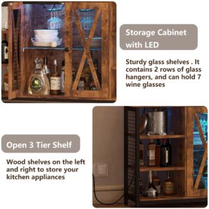 IRONCK Coffee Bar Cabinet with Power Outlet, Industrial Buffet Cabinet with LED Strip and Glass Holder, 3-Tiers Liquor Cabinet Bar for Home, Dining Room, Kitchen, Vintage Brown
