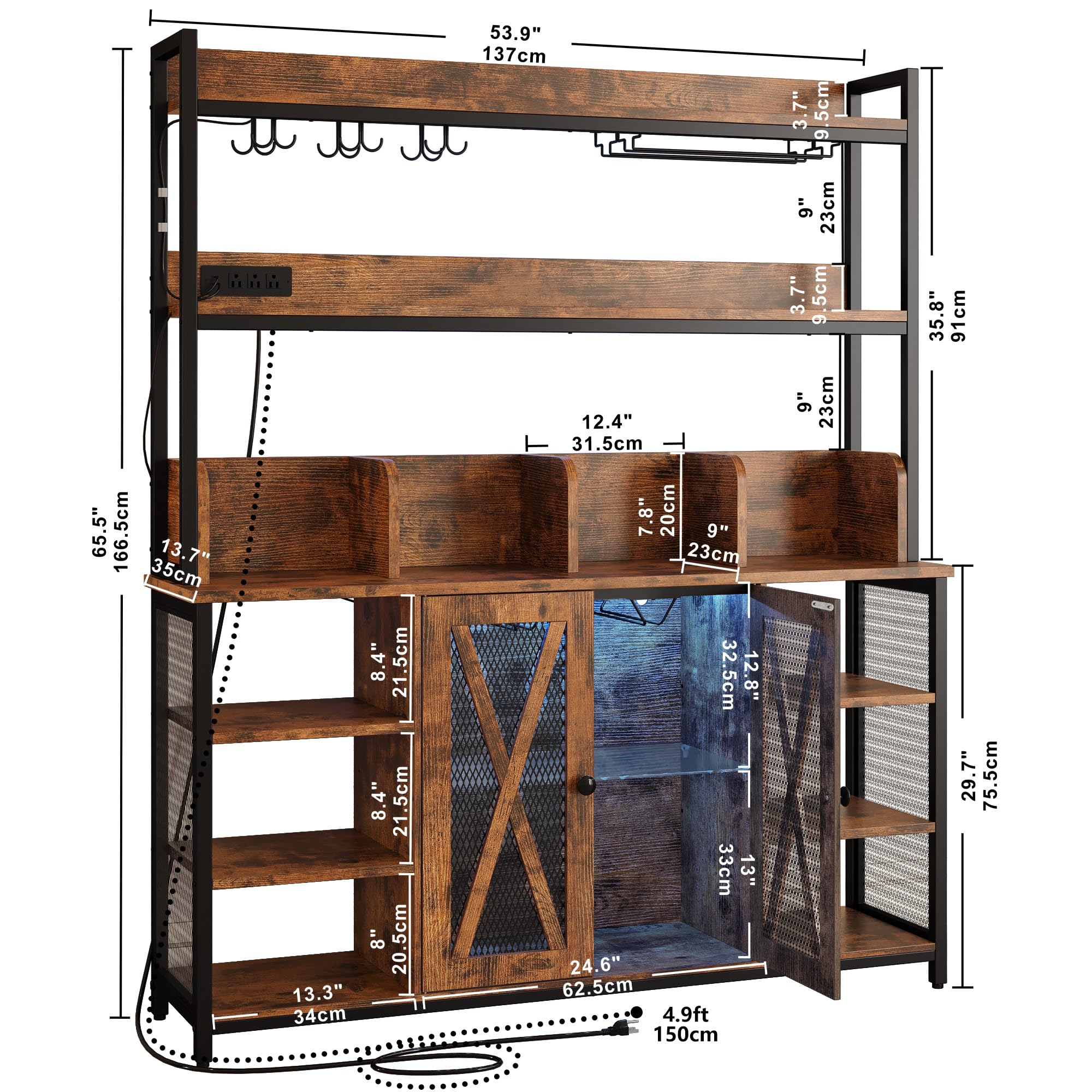 IRONCK Coffee Bar Cabinet with Power Outlet, Industrial Buffet Cabinet with LED Strip and Glass Holder, 3-Tiers Liquor Cabinet Bar for Home, Dining Room, Kitchen, Vintage Brown