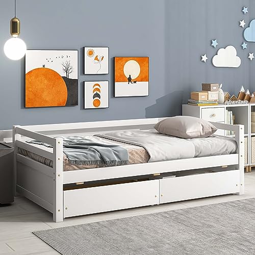 Twin Size Wooden Daybed Frame with 2 Storage Drawers, Multifunctional  Sofa Bed with Wood Slat Support for Living Room Boys Girls Adults, No Spring Box Needed, Space Saving (White)