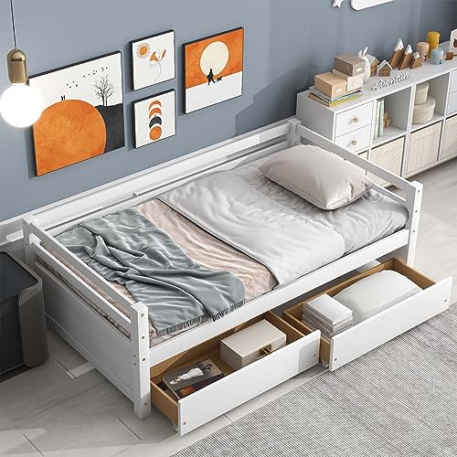 Twin Size Wooden Daybed Frame with 2 Storage Drawers, Multifunctional  Sofa Bed with Wood Slat Support for Living Room Boys Girls Adults, No Spring Box Needed, Space Saving (White)