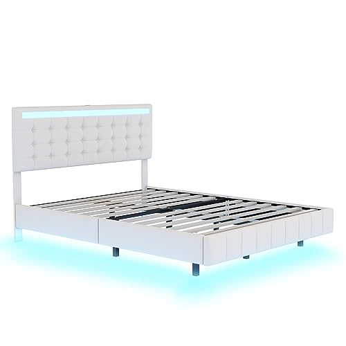 Aiuyesuo Modern Queen Size Floating Bed with Headboard and USB Ports, Solid Wood Upholstered Platform Bed Frame with Led Lights Faux Leather, Wooden Slats, No Box Spring Needed (White-TD34)