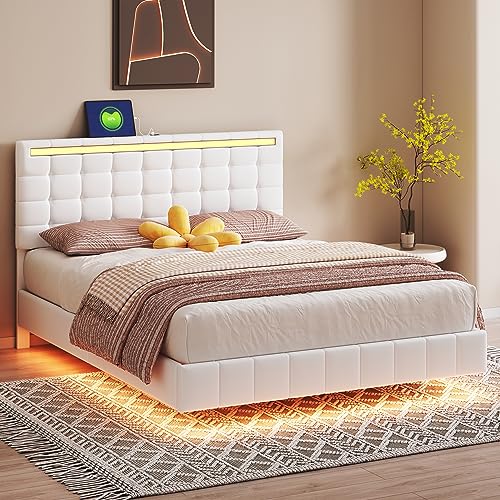 Aiuyesuo Modern Queen Size Floating Bed with Headboard and USB Ports, Solid Wood Upholstered Platform Bed Frame with Led Lights Faux Leather, Wooden Slats, No Box Spring Needed (White-TD34)