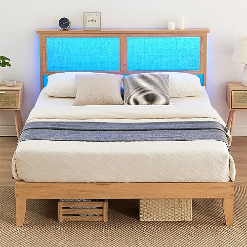 GAOMON 12.4 Inch Deluxe Solid Wood Full Bed Frame with Natural Rattan Headboard, Full Size Platform Bed Frame with LED Lights, Mattress Foundation, Noise-Free, No Box Spring Needed