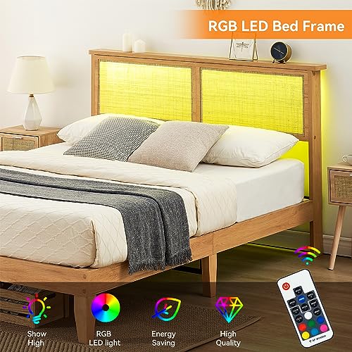 GAOMON 12.4 Inch Deluxe Solid Wood Full Bed Frame with Natural Rattan Headboard, Full Size Platform Bed Frame with LED Lights, Mattress Foundation, Noise-Free, No Box Spring Needed