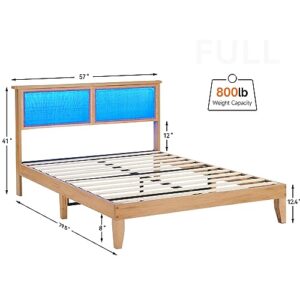 GAOMON 12.4 Inch Deluxe Solid Wood Full Bed Frame with Natural Rattan Headboard, Full Size Platform Bed Frame with LED Lights, Mattress Foundation, Noise-Free, No Box Spring Needed