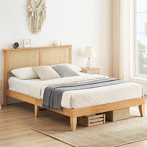 GAOMON 12.4 Inch Deluxe Solid Wood Full Bed Frame with Natural Rattan Headboard, Full Size Platform Bed Frame with LED Lights, Mattress Foundation, Noise-Free, No Box Spring Needed