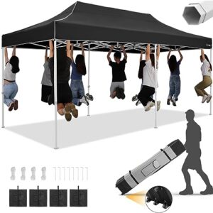 hoteel tents for parties, 10x20 pop up canopy tent heavy duty, commercial outdoor canopy tents for event wedding, all season wind uv 50+&waterproof gazebo with roller bag, thickened legs, black