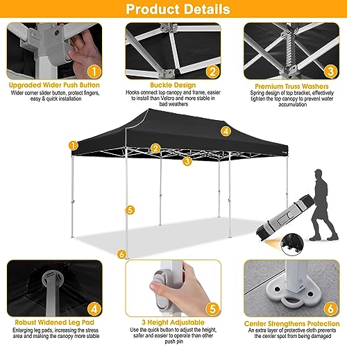 HOTEEL Tents for Parties, 10x20 Pop Up Canopy Tent Heavy Duty, Commercial Outdoor Canopy Tents for Event Wedding, All Season Wind UV 50+&Waterproof Gazebo with Roller Bag, Thickened Legs, Black