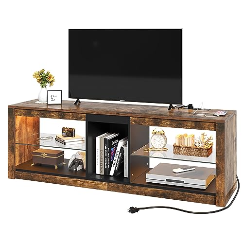 YITAHOME LED TV Stand w/Power Outlets for TVs up to 55/60 inch, Gaming Entertainment Center with Glass Shelves RGB Modes, Modern TV Stand for Living Room, TV Console with Storage, Rustic Brown