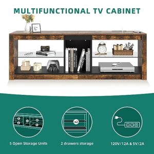 YITAHOME LED TV Stand w/Power Outlets for TVs up to 55/60 inch, Gaming Entertainment Center with Glass Shelves RGB Modes, Modern TV Stand for Living Room, TV Console with Storage, Rustic Brown