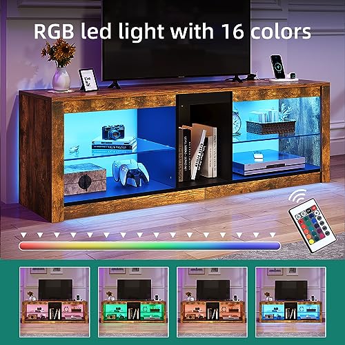 YITAHOME LED TV Stand w/Power Outlets for TVs up to 55/60 inch, Gaming Entertainment Center with Glass Shelves RGB Modes, Modern TV Stand for Living Room, TV Console with Storage, Rustic Brown