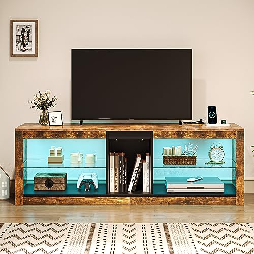 YITAHOME LED TV Stand w/Power Outlets for TVs up to 55/60 inch, Gaming Entertainment Center with Glass Shelves RGB Modes, Modern TV Stand for Living Room, TV Console with Storage, Rustic Brown