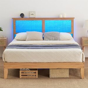 gaomon 12.4 inch deluxe solid wood queen bed frame with natural rattan headboard, queen size platform bed frame with led lights, mattress foundation, noise-free, no box spring needed