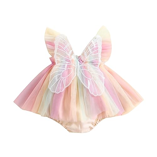 Infant Baby Girl Rompers Dress Embroidery Butterfly Wing Fly Sleeve Rainbow Tulle Skirt Jumpsuits Baby Bodysuits (Colorful Purple, 12-18 Months)