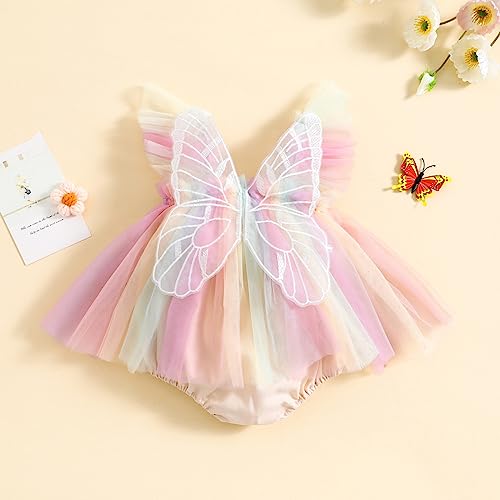 Infant Baby Girl Rompers Dress Embroidery Butterfly Wing Fly Sleeve Rainbow Tulle Skirt Jumpsuits Baby Bodysuits (Colorful Purple, 12-18 Months)