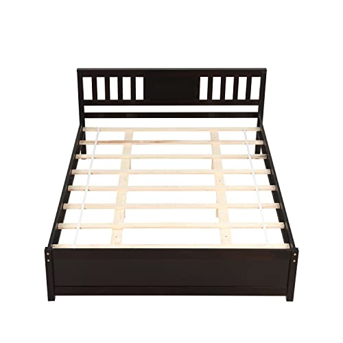 Prohon Queen Size Platform Bed Frame with Horizontal Strip Design Headboard, Strong Wooden Slat Support with Large Underbed Storage Space, Simple Style Bedframe for Kids, Teen, Adults, Espresso