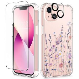 gviewin designed for iphone 13 case 6.1 inch, with tempered glass screen protector + camera lens protector clear flower soft & flexible shockproof floral women phone cover (floratopia/colorful)