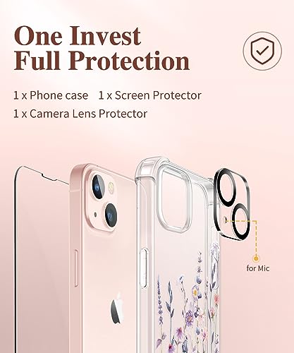 GVIEWIN Designed for iPhone 13 Case 6.1 Inch, with Tempered Glass Screen Protector + Camera Lens Protector Clear Flower Soft & Flexible Shockproof Floral Women Phone Cover (Floratopia/Colorful)