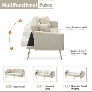 POCIYIHOME Button Tufted Convertible Futon Sofa Bed with 3 Angle adjustment of backrest, Velvet Sleeper Couch Daybed Loveseat with 2 Cup Holders, 2 Pillows and Square Armrests for Compact Space, Beige