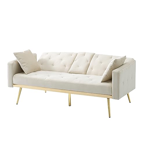 POCIYIHOME Button Tufted Convertible Futon Sofa Bed with 3 Angle adjustment of backrest, Velvet Sleeper Couch Daybed Loveseat with 2 Cup Holders, 2 Pillows and Square Armrests for Compact Space, Beige
