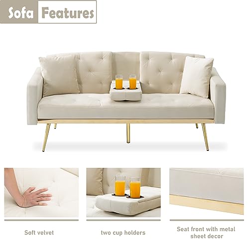 POCIYIHOME Button Tufted Convertible Futon Sofa Bed with 3 Angle adjustment of backrest, Velvet Sleeper Couch Daybed Loveseat with 2 Cup Holders, 2 Pillows and Square Armrests for Compact Space, Beige