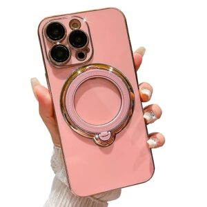 mgqiling compatible with iphone 14 pro max magnetic planting case 6.7 inch, luxury 360 rotating magnetic hidden stand case, compatible with magsafe for women girls,pink