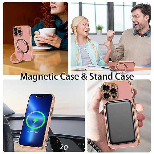 MGQILING Compatible with iPhone 14 Pro Max Magnetic Planting Case 6.7 Inch, Luxury 360 Rotating Magnetic Hidden Stand Case, Compatible with MagSafe for Women Girls,Pink