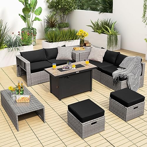 Tangkula 9 PCS Patio Furniture Set with 42” 60,000 BTU Fire Pit, Outdoor Space-Saving Sectional Sofa Set with Storage Box, CSA & ETL Approved Propane Fire Pit Table, Waterproof Covers Included (Black)