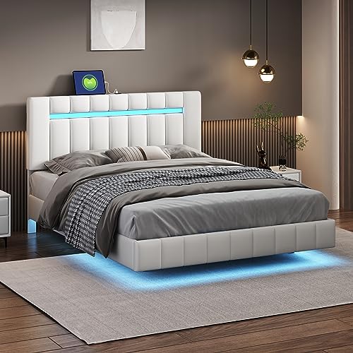 Merax Floating LED Platform Bed, Queen Size Upholstered Wood Bed Frame with LED Lights and USB Charging, Wood Slat Support, No Box Spring Needed, Easy Assembly, White/PU