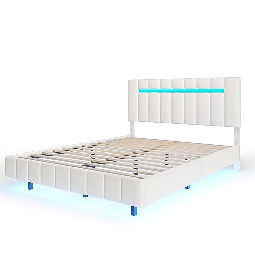 Merax Floating LED Platform Bed, Queen Size Upholstered Wood Bed Frame with LED Lights and USB Charging, Wood Slat Support, No Box Spring Needed, Easy Assembly, White/PU