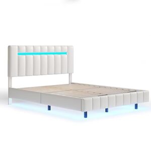 Merax Floating LED Platform Bed, Queen Size Upholstered Wood Bed Frame with LED Lights and USB Charging, Wood Slat Support, No Box Spring Needed, Easy Assembly, White/PU