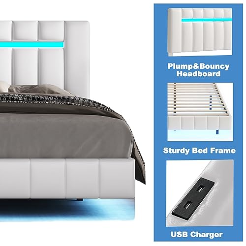 Merax Floating LED Platform Bed, Queen Size Upholstered Wood Bed Frame with LED Lights and USB Charging, Wood Slat Support, No Box Spring Needed, Easy Assembly, White/PU