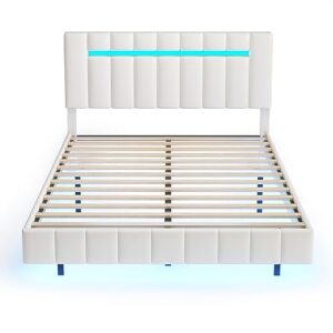 Merax Floating LED Platform Bed, Queen Size Upholstered Wood Bed Frame with LED Lights and USB Charging, Wood Slat Support, No Box Spring Needed, Easy Assembly, White/PU