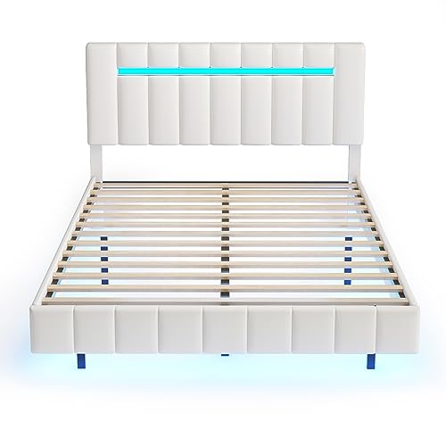 Merax Floating LED Platform Bed, Queen Size Upholstered Wood Bed Frame with LED Lights and USB Charging, Wood Slat Support, No Box Spring Needed, Easy Assembly, White/PU