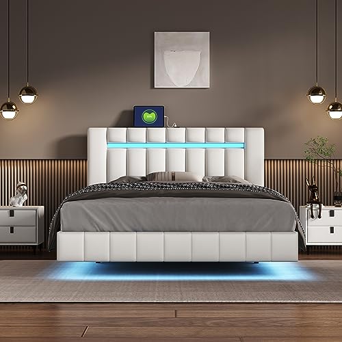 Merax Floating LED Platform Bed, Queen Size Upholstered Wood Bed Frame with LED Lights and USB Charging, Wood Slat Support, No Box Spring Needed, Easy Assembly, White/PU