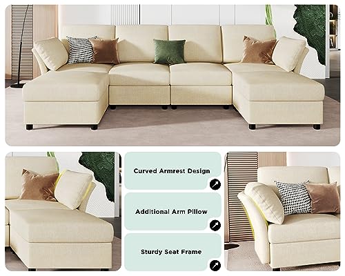 VanAcc Sectional Couch 7 Seats, Modular Sectional Sofa, Convertible Sofa in U Shape with Ottomans, Reversible Sofa Couch for Living Room, Beige Chenille