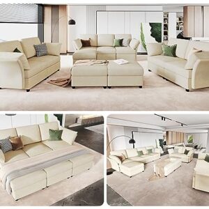 VanAcc Sectional Couch 7 Seats, Modular Sectional Sofa, Convertible Sofa in U Shape with Ottomans, Reversible Sofa Couch for Living Room, Beige Chenille