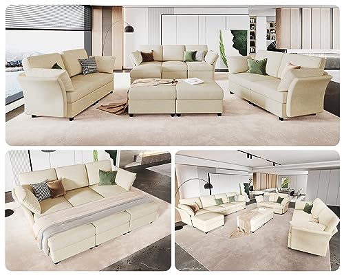 VanAcc Sectional Couch 7 Seats, Modular Sectional Sofa, Convertible Sofa in U Shape with Ottomans, Reversible Sofa Couch for Living Room, Beige Chenille