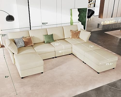 VanAcc Sectional Couch 7 Seats, Modular Sectional Sofa, Convertible Sofa in U Shape with Ottomans, Reversible Sofa Couch for Living Room, Beige Chenille