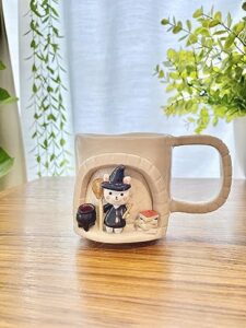witch cat and the cauldron. wizard world, magic white handmade ceramic cup, hand-painted mug, unique surprise gift for christmas or birthday. dishwasher and microwave safe