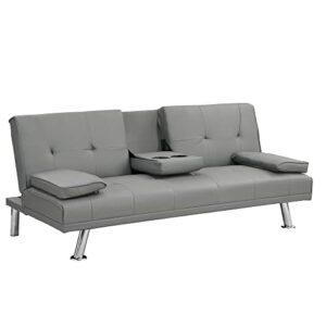 eafurn convertible futon bed, soft faxu leather upholstered loveseat adjustable sleeper, button tufted sofa & couch with removable pillow top armrests and 2 cup holders, gray pu