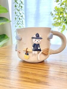 witch cat on the broom wizard world, magic white handmade ceramic cup, hand-painted mug, unique surprise gift for christmas or birthday. dishwasher and microwave safe