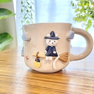 Witch cat on the broom wizard world, magic white Handmade ceramic cup, Hand-painted mug, Unique Surprise gift for Christmas or Birthday. Dishwasher and Microwave safe