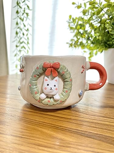 Christmas and the santa cat cup. Handmade ceramic cup, Hand-painted mug, Unique Surprise gift for Christmas or Birthday. Dishwasher and Microwave safe