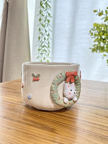 Christmas and the santa cat cup. Handmade ceramic cup, Hand-painted mug, Unique Surprise gift for Christmas or Birthday. Dishwasher and Microwave safe