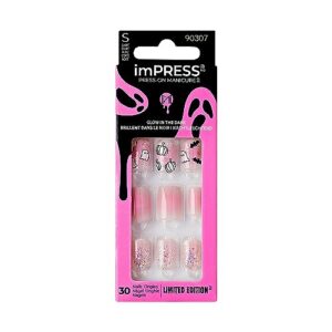kiss impress press-on manicure halloween, pink, short length, square shape, purefit technology, chip proof, smudge proof, waterproof, prep pad, mini nail file, manicure stick & 30 fake nails